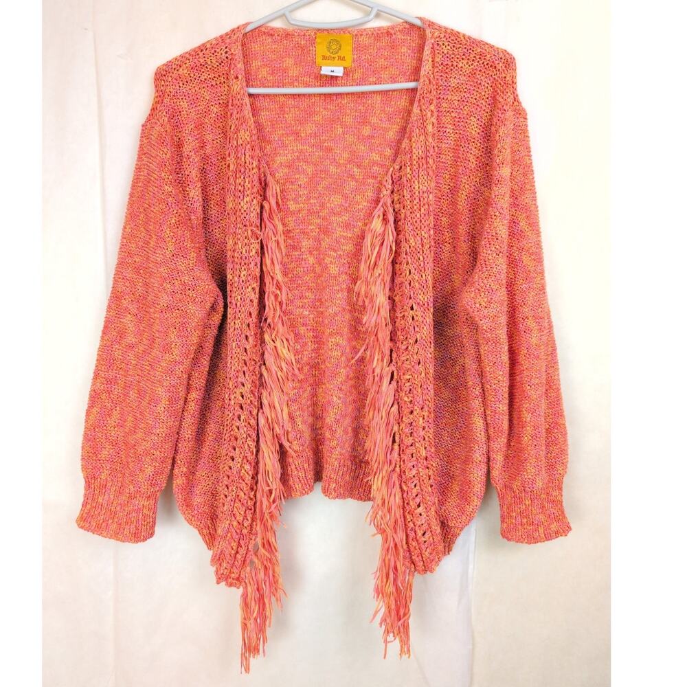 Ruby Rd fringe shimmer textured knit cardigan Size Med Orange Boho Retro Country